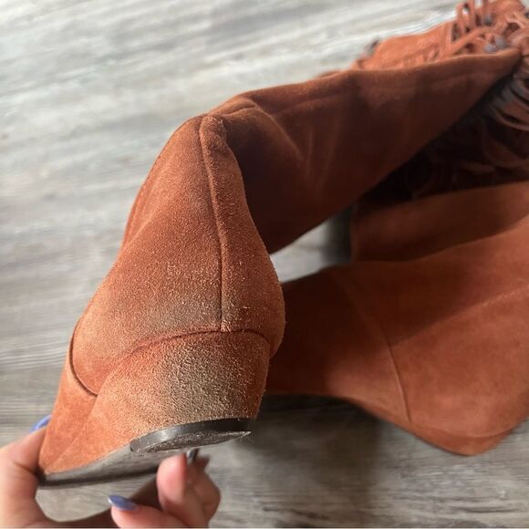 Gianni Bini rust suede knee high tall slouchy fringed boots with 1" wedge - Picture 14 of 14